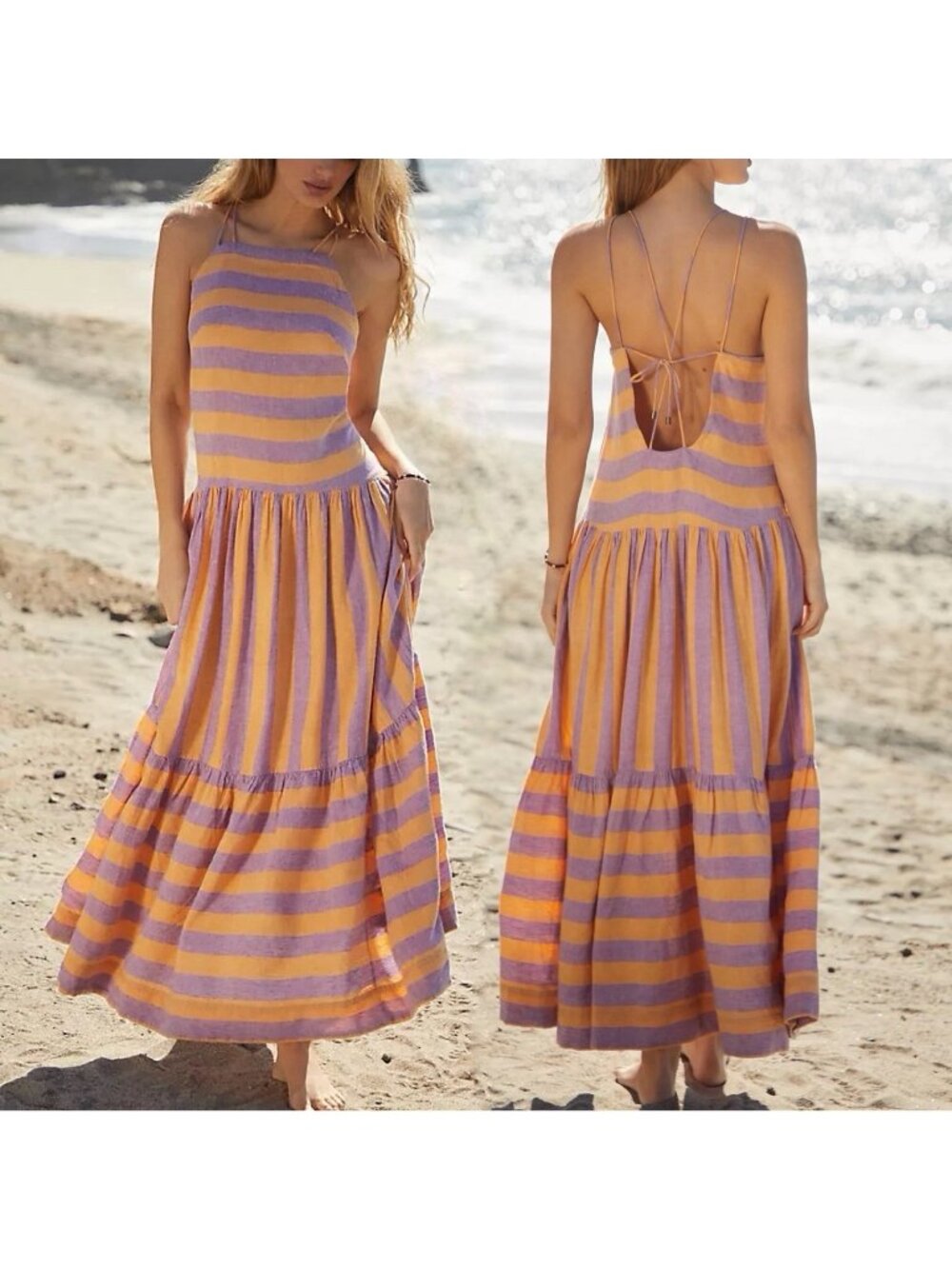 Anthropologie Grommet Halter Maxi Dress Lilac Orange Striped Women’s Sz Medium